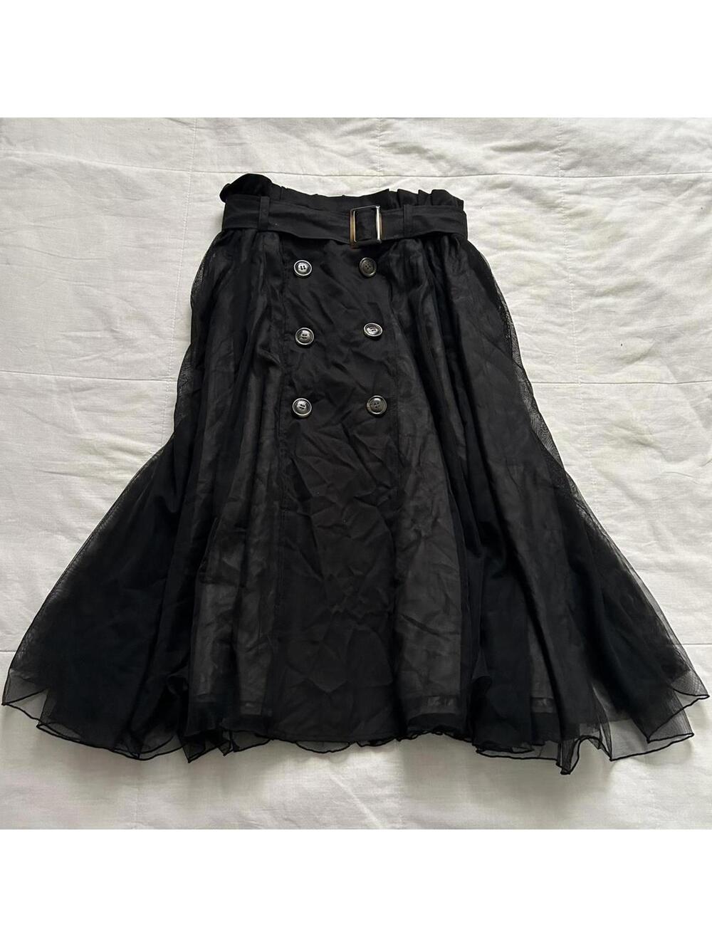 Axes Femme Black tulle overlay midi skirt with belt and button details
